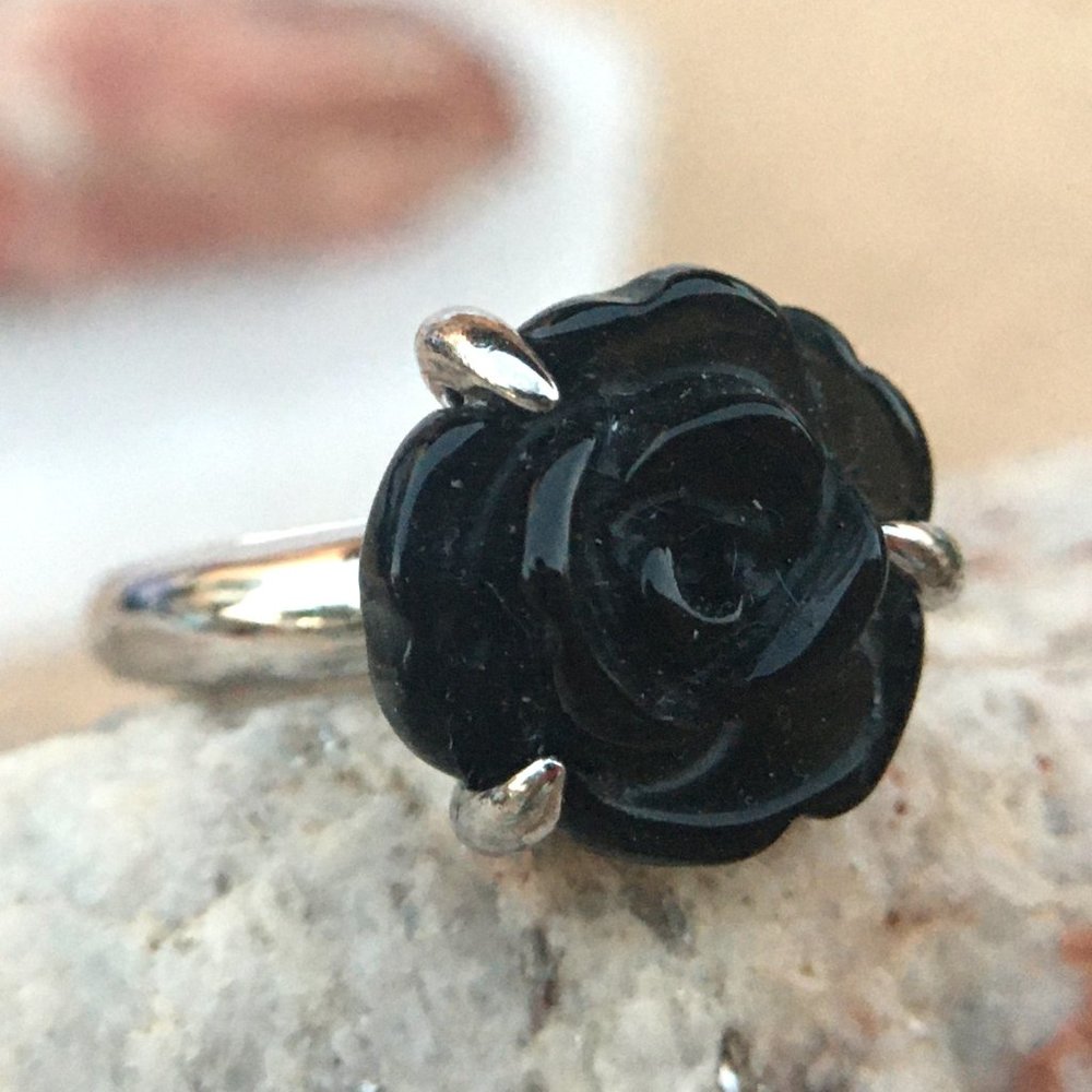 Black Obsidian Carved Flower Ring .925 Sterlng Silver Size 5 or 7 Natural Gem - Picture 6 of 9